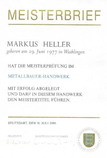 Meisterbrief Markus Heller